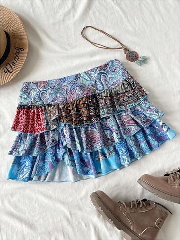 Milumia Women Paisley Print Low Waisted Tiered Layered Ruffle Hem Mini Skirts in Saudi Arabia