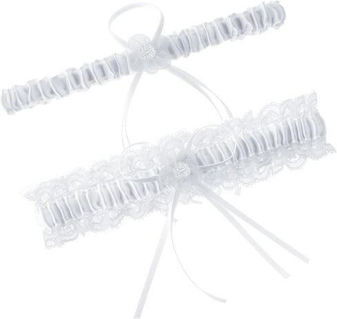2 Pack Wedding Garter Garters for Bride White Lace Garter Belt Bride Elastic Garter Lace Bow Satin Garter Belt Thigh Harness Prom Leg Garter Belt Wedding Accessories for Brides in Saudi Arabia