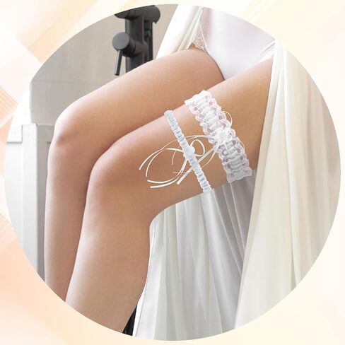 2 Pack Wedding Garter Garters for Bride White Lace Garter Belt Bride Elastic Garter Lace Bow Satin Garter Belt Thigh Harness Prom Leg Garter Belt Wedding Accessories for Brides in Saudi Arabia