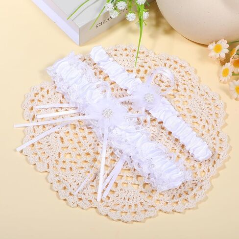 2 Pack Wedding Garter Garters for Bride White Lace Garter Belt Bride Elastic Garter Lace Bow Satin Garter Belt Thigh Harness Prom Leg Garter Belt Wedding Accessories for Brides in Saudi Arabia