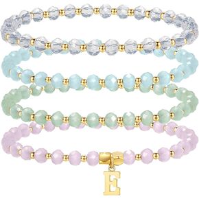 IEFWELL 4Pcs Initial Bracelets for Teen Girls - Crystal Bracelets Set Pink/Blue/White/Green Crystals Beads Stretch Bracelet Friendship Bracelets Kids Jewelry Birthday Gifts for Teen Girls Kids Toddler