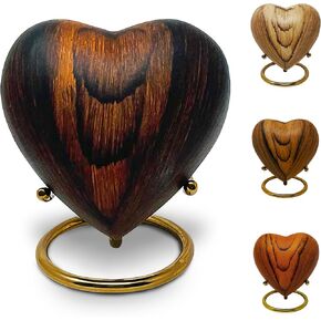 Small Urns for Ashes Keepsake Heart - Mini Wood Grain Cremation Urn for Male or Female Human or Pet Ashes - Holds a Small Portion of Remains - Includes Funnel Velvet Bag and Stand (Teak)