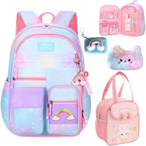 5Pcs Kawaii Backpack Set for Girls, Kids Pink Bookbag Rainbow Laptop Bag Water-Resistant Lightweight Daypack, Large Capacity School Backpack Gradient Double Shoulder Backpack (Pink)