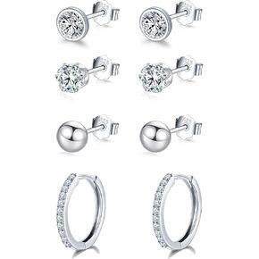 Sterling Silver Stud Earrings for Women, Silver Stud Earrings & Silver Hoop Earrings Set, Small Cartilage Sleepers Studs Hoops Earrings with Cubic Zirconia, Silver Earrings (3mm*3 + 12mm*1)