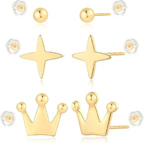 MYEARS Women Stud Earrings Set of 3 Gold Sterling Silver Post Push Back 14K Gold Plated Small Simple Hypoallergenic Everyday Jewelry