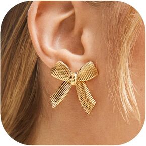 Gold Bow Earrings for Women Trendy 18K Gold Plated Ribbon Bow Knot Stud Earrings Statement Earrings for Teen Girls Gold Jewelry for Women Gifts for Her Sister Girlfriend