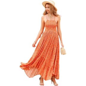 R.Vivimos Women's Summer Maxi Dress Spaghetti Strap Boho Floral Print Smocked Backless Casual Ruffle Flowy Long Dresses