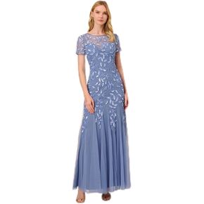 Adrianna Papell Women's Short-Sleeve Floral Beaded Godet Gown, French Blue