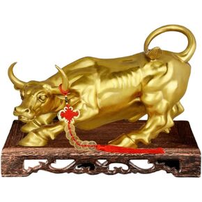 Wall Street Bull Statue - Feng Shui Decor, Brass Bull Sculpture for Office and Home | Stock Market Gifts,with Lucky Chinese knot String Copper Coin Decoration, without Tray (4.72")