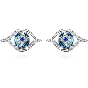 Evil Eye Earrings Sterling Silver Blue Eyes Stud Earrings with Blue Crystal Luck Amulet Protection Evil Eye Jewelry Gift for Women Teens Girls