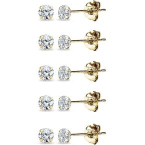 5 Pair Set 14K Gold Cubic Zirconia Tiny 2mm Round Unisex Stud Earrings for Men and Women
