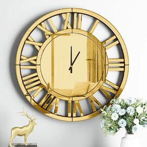 SHYFOY 18" Gold Mirrored Wall Clock, Decorative Wall Clock with Roman Numerals, Living Room Wall Clocks, Christmas-Gold Wall Decor, Kitchen Office Home Decor Battery Powered