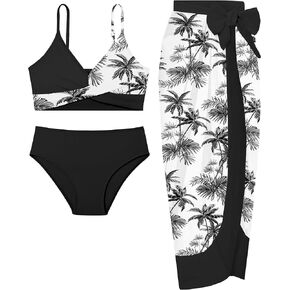Girls Swimsuit 3 Piece Bathing Suit V-Neck Cross Bikini Set with Cover Up Wrap Skirt Girls' Swimwear 9-16T