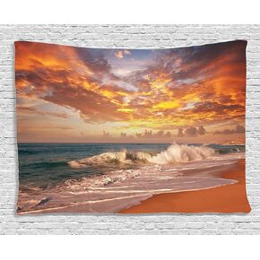 Ambesonne Ocean Tapestry, Vicious Sea Waves in a Stormy Day at Sandy Beach Sunset with Grey Clouds, Wide Wall Hanging for Bedroom Living Room Dorm, 60" X 40", Blue Orange and White