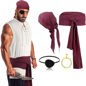 Boyiee Adult Pirate Costume Men Medieval Renaissance Shirt Pirate Bandana Sash Belt for Halloween Cosplay Party