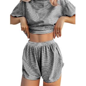 JUSTFASHIONNOW Womens Pajama Sets Shorts Striped Print Two Piece Lounge Sets Crew Neck Sleepwear Split Shorts Set Soft Pjs