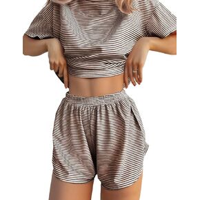 JUSTFASHIONNOW طقم بيجامة نسائي شورت مخطط مطبوع مكون من قطعتين طقم صالة رقبة دائرية ملابس نوم طقم شورت منقسم ناعم Pjs