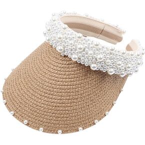 CALLARON Sun Visors for Women Sun Hat Pearl Sun Visor Wide Brim Straw Sun Visor Hat Summer UV Protection Beach Sun Cap Ponytail Beach Hat