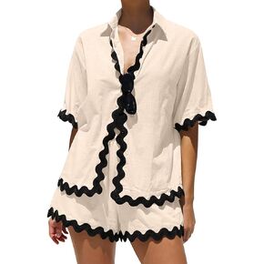 Summer Women's 2 Pieces Casual Sets Short Sleeve Rickrack Trim Contrast Shirt and High Waist Shorts Lounge Wear
