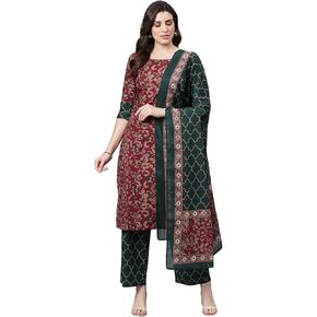 Idalia Dark Green and Maroon Indian Kurta for Women Cotton Kurta Set with Dupatta
