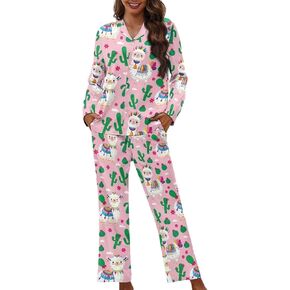 Women Pajama Set 2 Pieces Soft Button up Sleepwear with Pocket Leisure Ladies Long Sleeve Homewear XS-4XL