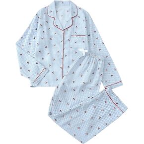 MakeMeChic Women's 2 Piece Pajama Sets Cherry Plaid Print Long Sleeve Button Down Shirt and Pants PJ Set