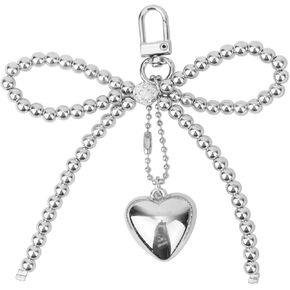 Bow Bag Charm, Silver Beaded Bow Phone Charm Heart Pendant Bow Pearl Keychain for Women Fashionable Bowknot Hanging Accessories for Bags, Purses, Wallets, Mobile Phones, Keys, Car Keys