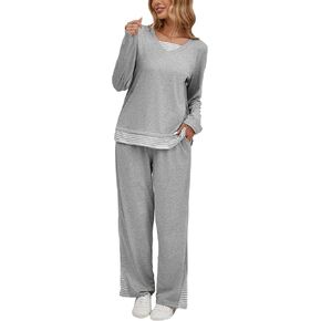 iChunhua Pajamas Set for Women Long Sleeve V Neck Comfy Pjs Striped Lounge Sets with Pockets