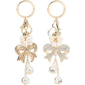 2PCS Rhinestone Keychain Bowknot Alloy Pearl Key Ring Charm Pendant pearl keychain Rhinestone Wearable Keyring for Women Girl Purse Bag