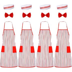 12pcs Waiter Costume Kit, Red White Striped Apron Chef Hat Red Bow Tie 1950s Soda Jerk Costume Carnival Costume for Adult Halloween Christmas Cosplay Party Supplies
