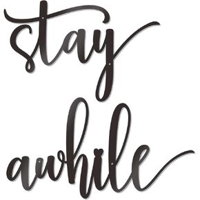 Stay Awhile Sign Metal Wall Art Decor Large Black Metal Wall Decor for Home Decor Creative Stay Awhile Sign Entryway Wall Decor (Black)