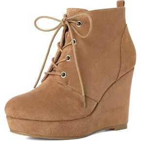 AUMOTED Women's Ankle Boots Wedge Platform Bootie Round Toe Lace up Wedge Heels Boots 4 Inch Warm Boots for Party Evening Shoes