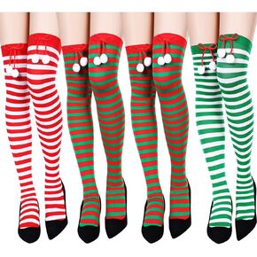 Boao 4 Pairs Halloween Thigh High Long Stockings Over Knee Stockings Cosplay Festival Socks (Party Striped Style)