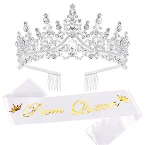 TOBATOBA Prom Queen Sash and Tiara Set, Silver Tiaras and Crowns for Women, Prom Queen for Halloween Costume Cosplay Prom Graduation Party School Party Accessories