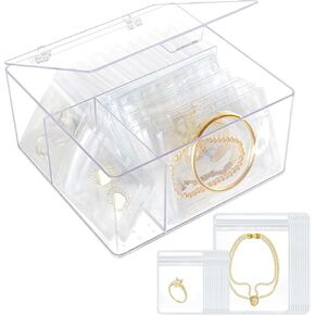4-in-1 Acrylic Jewelry Box Organizer, Clear Jewelry Organizers and Storage with 65 Portable Anti Tarnish Jewelry Bags Clear Jewelry Box Travel Jewelry Case for Earrings Rings Necklaces for Women Girls
