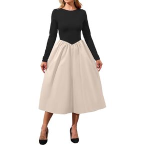 Boat Neck Patchwork Long Sleeve Midi Dresses Slim Fit Drop Waist Flowy Dress Wedding Guest Dress with Pockets