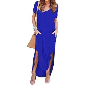 Womens V Neck Short Sleeved Dress with Pockets Split Irregular Hem Fashionable Maxi Dress