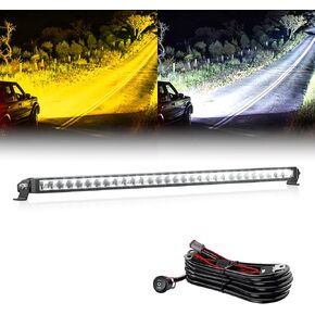 White Amber LED Light Bar 32 Inch Single Row 450W Super Bright Dual Color Slim Spot Flood Combo LED Work Light Driving Fog Lamp with Wiring Harness for Pickup Off Road Truck ATV UTV Boat