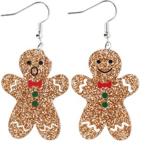 Whaline Christmas Gingerbread Man Charm Dangle Drop Earrings Glitter Gold Acrylic Jewelry for Women Holiday Xmas Party Dress Outfits Gift Decor Accessories
