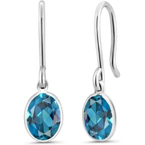 Gem Stone King 925 Sterling Silver London Blue Topaz Dangle Earrings | French Wire Earrings for Women | 1.80 Cttw | Gemstone November Birthstone | Oval 7X5MM