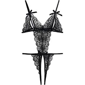 Sexy Cupless Crotchless Bows Backless Scallop Floral Lace Sheer Lingerie Teddy Bodysuit Top One Piece
