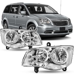 Headlight Assembly Compatible with 2011-2020 Dodge Grand Caravan / 2008-2016 Chrysler Town & Country Headlamp Chrome with Amber Reflector Factory Style Replacement Pair