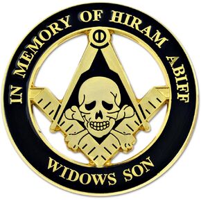 Widow's Son Skull Square & Compass Round Masonic Auto Emblem - [Black & Gold][3'' Diameter]