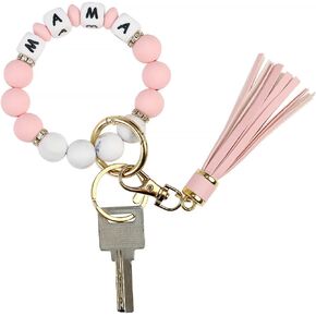 Silicone Keychain Wristlet for Women, Beaded Key Ring Bracelet with Tassel, Cute KeyChains for Key Holder MaMa Gift