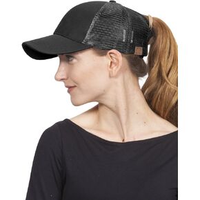 C.C Ponycap Messy High Bun Ponytail Adjustable Mesh Trucker Baseball Cap Hat, Black