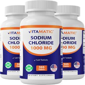 Vitamatic Sodium Chloride 1000mg, 365 Tablets - Salt Tablets, Non-GMO, Gluten Free - Electrolytes Replenisher Hydration Drink (3 Bottles)
