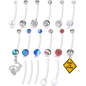 17Pcs 14G Pregnancy Belly Button Rings Flexible Maternity Belly Rings 38mm Long Clear Bar Pregnancy Belly Rings Sport Navel Rings for Women Mom