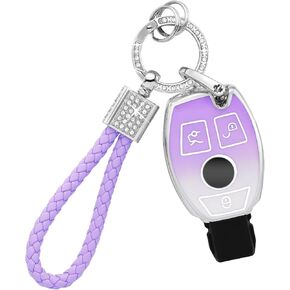 PIFOOG Key Fob Cover for Mercedes Benz 3 Button Purple Bling Keychain Car Keys Case Shell Protector Accessories for Mercedes AMG C 300 CLA CLS GLA GLC GLS GLE GLK G E S ML Class Girly Women TPU