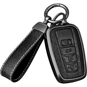 for Toyota Key Fob Cover with Keychain, Genuine Aluminum Alloy and Leather Protection Key Case for 2018-2022 Camry RAV4 Highlander Avalon C-HR Prius Corolla GT86 Smart Key Holder, Gray