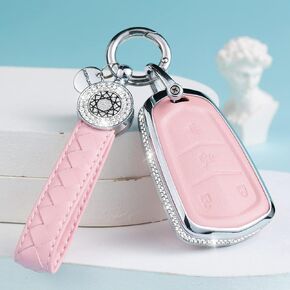for Cadillac Key Fob Cover with Keychain, Leather Crystal Key Case Protector Compatible with Cadillac Escalade CTS SRX XT5 ATS STS CT6 5-Buttons Remote Start, Black